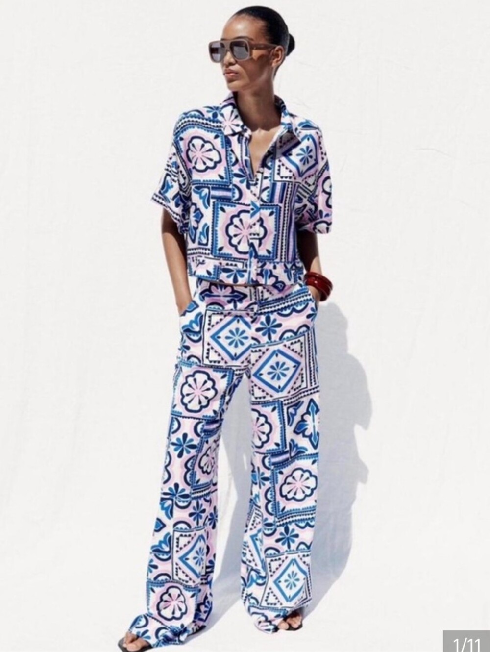 Zara Women Blue, Pink White Geometric Print Wide Leg Palazzo Pants M New3141/501